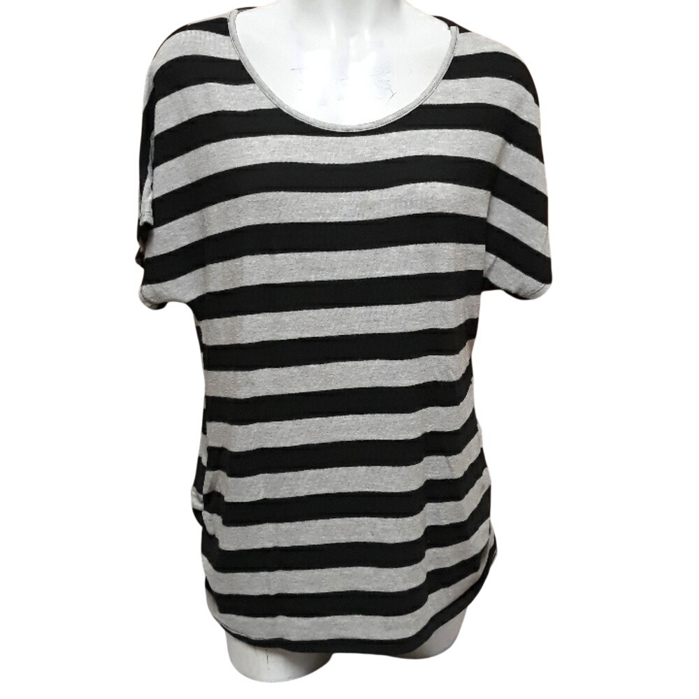 Candy Rain Womens Plus‎ 2X Black Grey Striped Short Sleeve Scoop Neck Knit Top